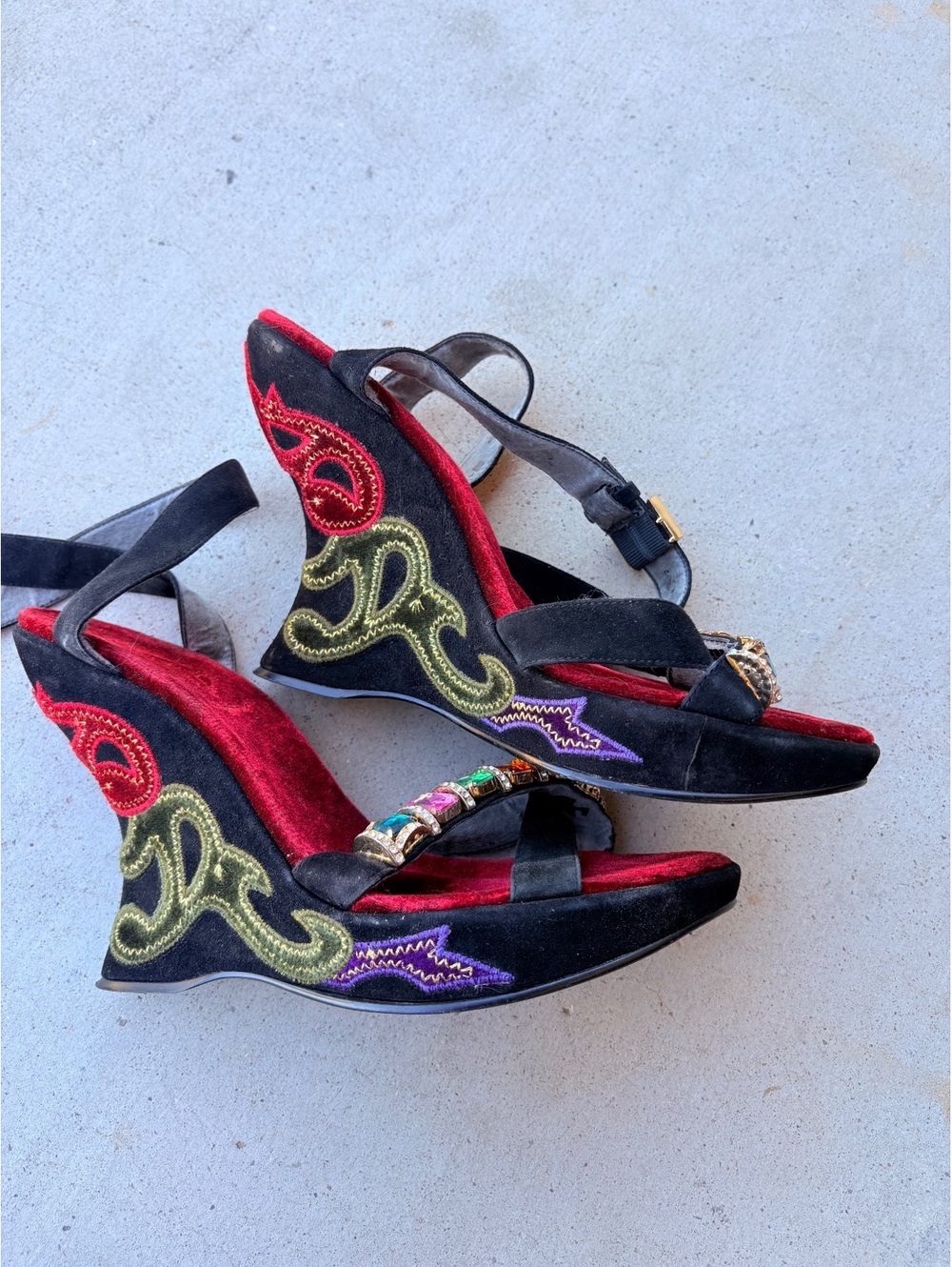 Y2K Vintage RARE Baby Phat Wedge Heel Platforms Colorful Stone Embellishment - Picture 5 of 8